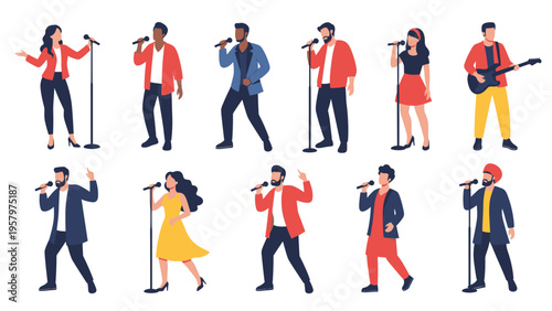 Diverse set of individual singers and musicians in various expressive poses while performing on stage with microphones and instruments.