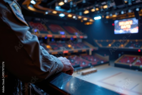 A security officer overlooking an empty indoor sports arena from a balcony.