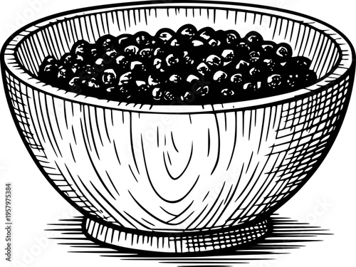 Hand Drawn of Wooden Bowl Filled with Black Caviar White Background food seafood
