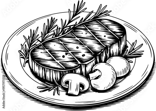 Hand Drawn Steak Dinner With Mushrooms And Rosemary Plate Isolated meat food