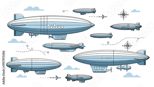 Vintage style airships and zeppelins in blue and silver colors flying through clouds with compass icons on white background.