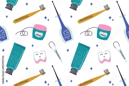 Cute oral hygiene doodle seamless pattern with toothbrush, toothpaste, water flosser, dental floss, tongue scraper and smiling tooth. Naive kids style dental care vector illustration