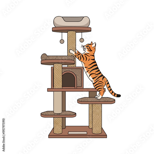 Tabby Cat Climbing a Multi-Level Cat Tree with Scratching Posts and Perches