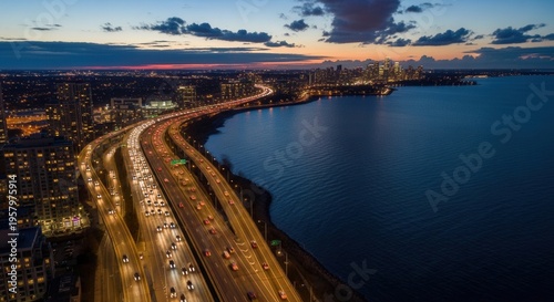 Vibrant Cityscape Highway Traffic Illuminated At Dusk Over The Water