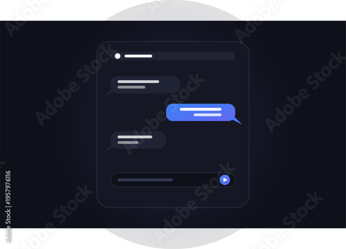 A minimalist dark mode chat interface illustration featuring a message input field and bubbles