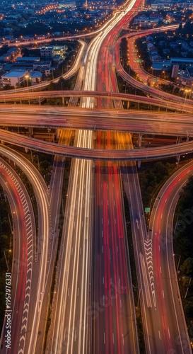 Vibrant Cityscape Illuminated by Streaking Headlights and Tail Lights on Busy Highway Interchange