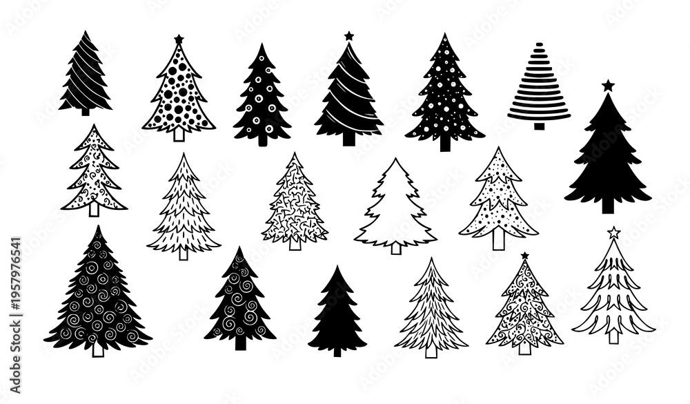 Obraz premium Decorative Christmas tree collection black and white fir tree line art symbols festive vector illustration isolated on white