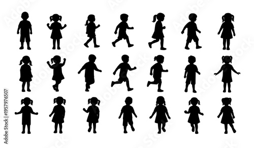 Children silhouette vector set kids playing standing running jumping black silhouettes collection isolated on white background