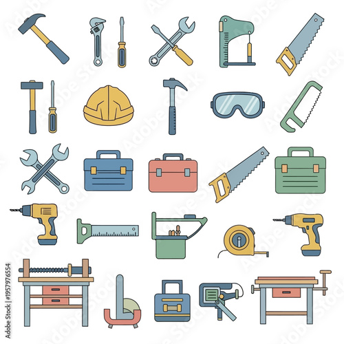DIY Tools and Hardware Icons: Hammer, Saw, Drill, Toolbox, Wrench, Safety Glasses