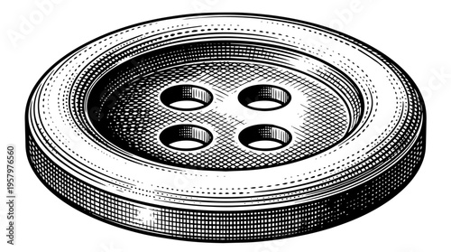 Round four hole button vector engraving style on white isolated background for garment accessory branding design