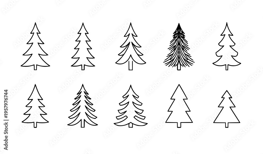 Obraz premium Monoline Christmas tree icons black and white fir tree line drawings minimal holiday vector set isolated on white