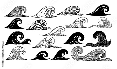 Creative ocean wave collection stylized marine nautical wave illustrations decorative vector isolated on white