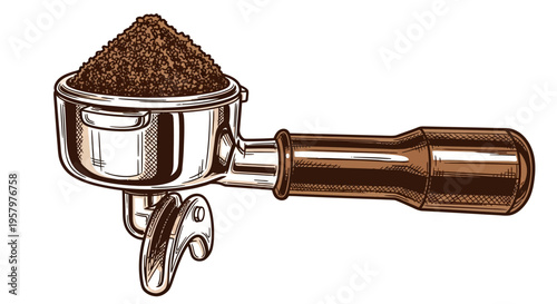 Brown coffee grounds in metal espresso portafilter illustration