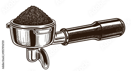 Illustration of espresso machine portafilter filled with coffee grounds