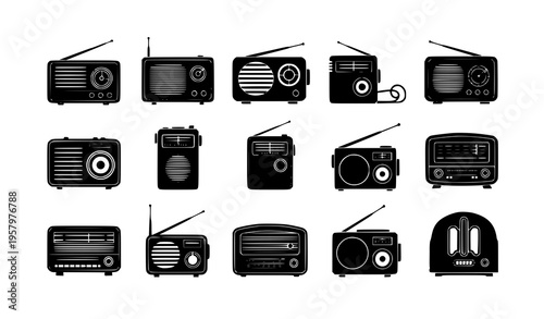 Vintage radio silhouette icon set retro transistor and classic audio device collection vector isolated on white background