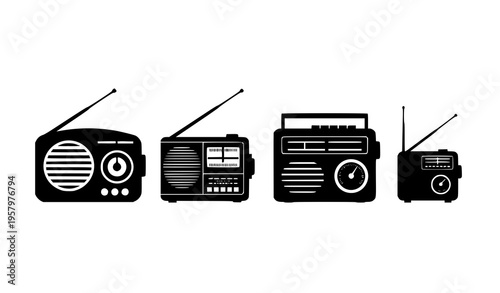 Retro vintage radio silhouettes horizontal lineup classic audio equipment icons flat vector isolated on white