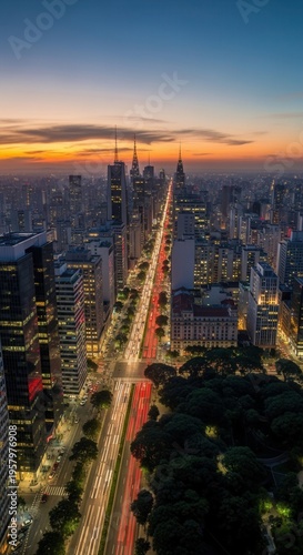 Vibrant Cityscape Illuminated By Twilight Street Lights And Sunset Glow