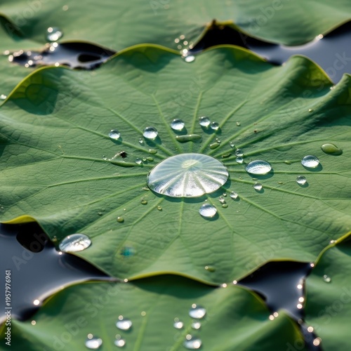 Water droplets on lotus leaf - A serene natural composition.