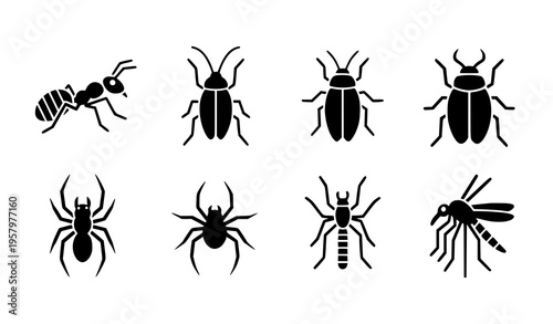 Minimal insect silhouette icon set ant spider mosquito cockroach vector pictogram isolated on white background