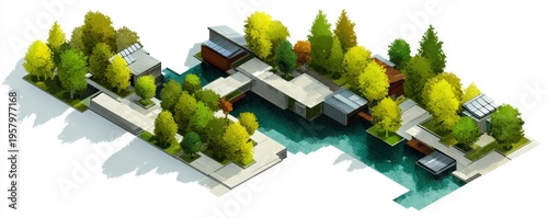 Isometric aerial illustration of ecodistrict with green spaces and modern architecture