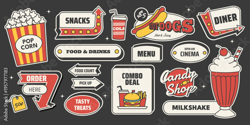 Retro cinema snack bar sticker set with popcorn, hot dog, cola, milkshake, burger, candy, fries in vintage 1950s Americana style. Classic vector illustration for film, entertainment