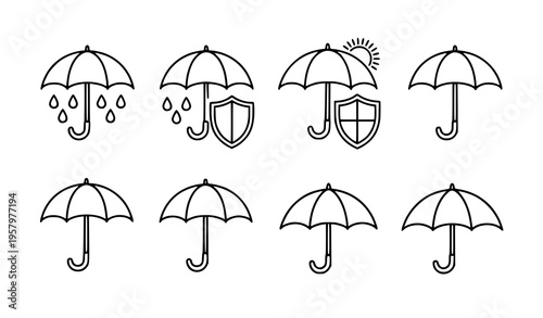 Minimal umbrella protection icon set weather safety parasol vector flat illustration isolated on white background
