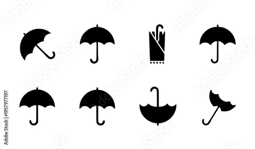 Flat umbrella icon set with rain protection and weather symbols vector illustration isolated on white background