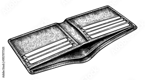 Open wallet with cards vector engraving style on white isolated background for finance accessory branding design