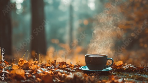Warm cup of coffee in autumn forest scenery.