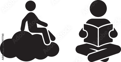 Set of icons representing a person sitting on a cloud and a person reading a book