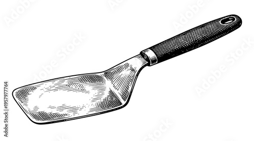 Metal spatula turner vector engraving style on white isolated background for kitchen utensil branding design