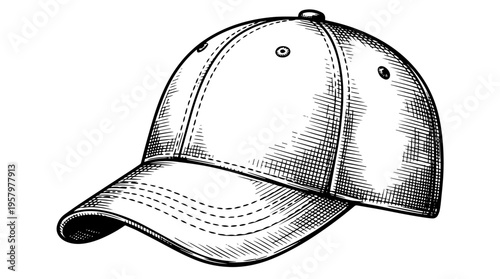 Baseball cap hat vector engraving style on white isolated background for casual apparel branding design