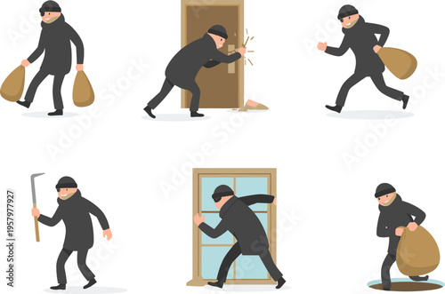 Cartoon burglar thief character set showing robbery actions, breaking door and window, stealing bag, criminal activity illustration isolated background