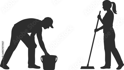 A man and woman in silhouette doing household chores together