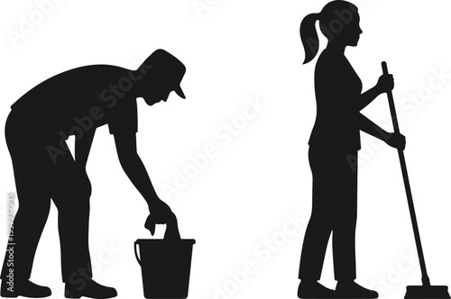Silhouette of a man with a bucket and a woman with a mop cleaning