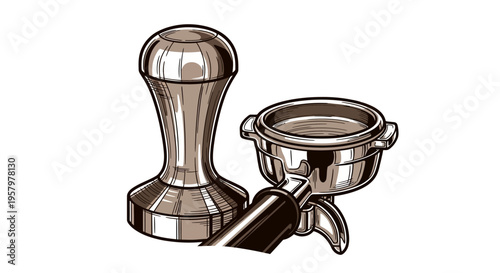 Illustration of espresso tamper and portafilter on white background