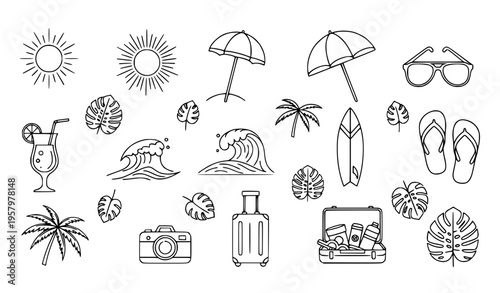 Summer holiday line icons collection with beach vacation symbols editable thin outline vector set