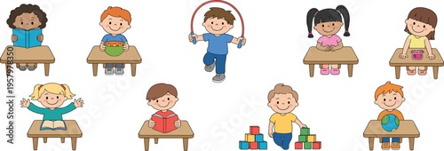 Cute children activities set with kids reading playing eating studying and learning in classroom and home, colorful cartoon illustration collection