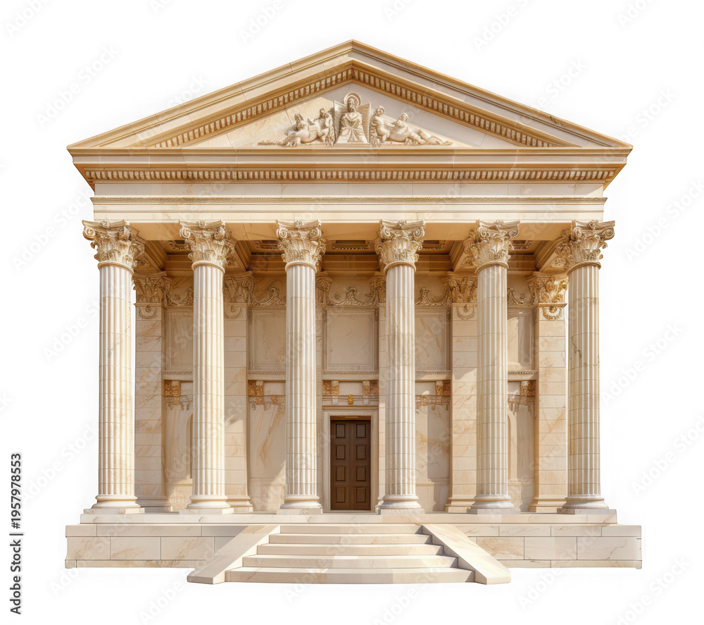 Obraz premium Neoclassical white stone building with greek columns and grand steps as isolated on transparent background
