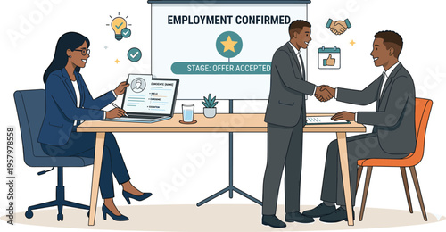 Employment confirmed concept with candidate accepting job offer, handshake agreement, successful hiring decision, HR approval, and onboarding process in professional office setting