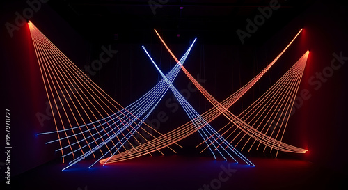 Neon Light Strings Crossing in Dark Space with Red Blue Beams