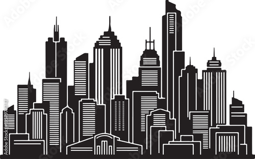 Vector city skyline illustration, black and white urban landscape