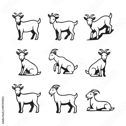 Goat character set featuring domestic farm animals in sitting standing and jumping positions for agricultural branding and livestock logos