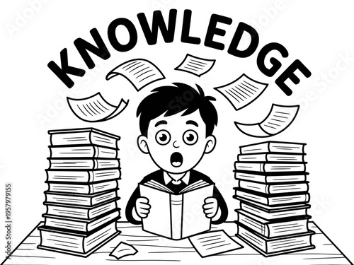 A surprised schoolboy reading books surrounded by stacks of textbooks and floating papers with knowledge text in a simple black and white vector style