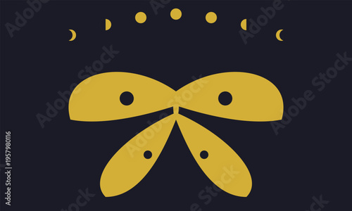 Fotografía A minimalist golden moth illustration featuring celestial moon phase icons on a