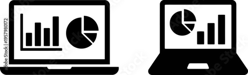Two black and white laptop icons displaying business data charts and pie graph analytics symbols