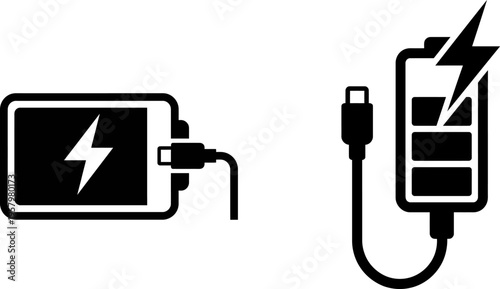 Black and white vector icons showing electronic devices being connected to a power cable charger