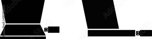 A black and white graphic illustration showing two laptop computers with usb drives attached side