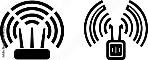 Black and white flat vector icons illustrating wireless network routers and signal connectivity