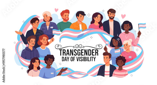 Illustration of diverse people celebrating Transgender Day of Visibility with pride flags and awareness ribbons on a colorful background.